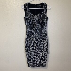 ST JOHN COUTURE Suit Dress Black Caviar & Silk Metallic Silver Rose Sheath Sz 0